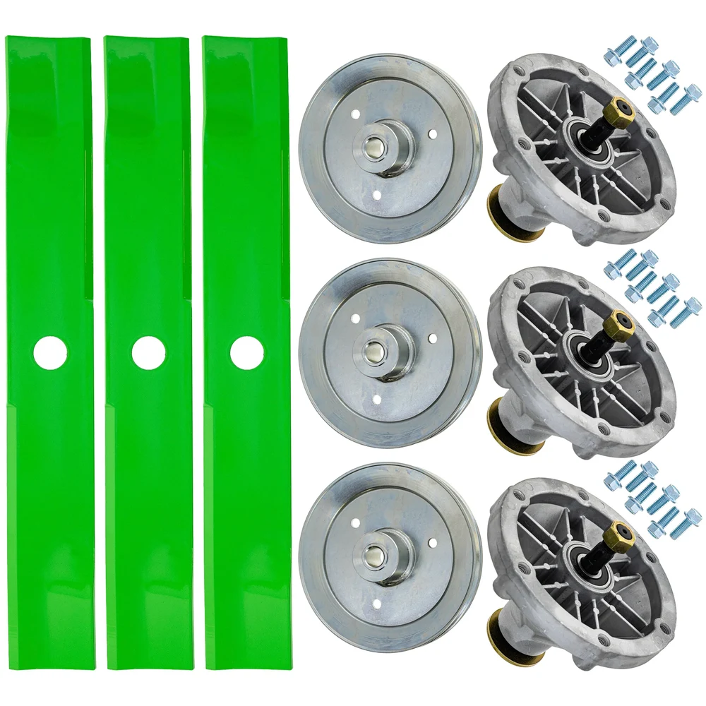 Kit with mower blades, pulleys and spindle assemblies