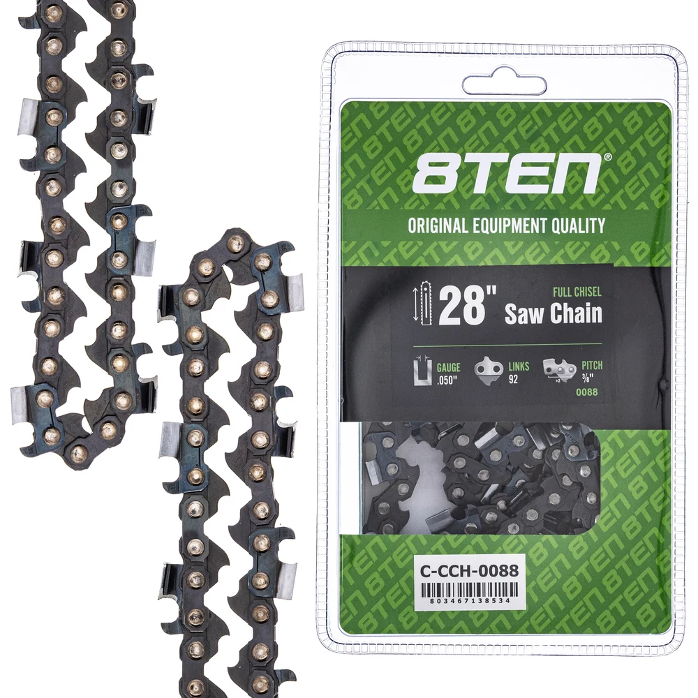 Chainsaw chain beside green retail packaging