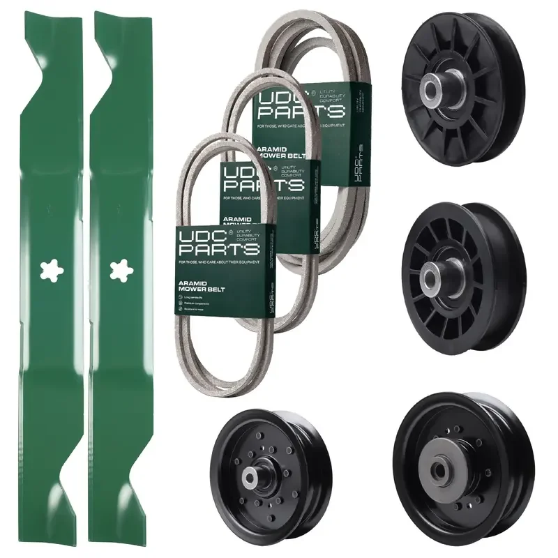UDC Parts Mower Kit / Belt 130969 + Belt 197242 + Belt 405143 + Pulley 532194326 + Pulley 532196104 + Pulley 532196106 + Pulley 532194327 + 2 Pack Blades 405380 / Fits Husqvarna YTH220 Twin