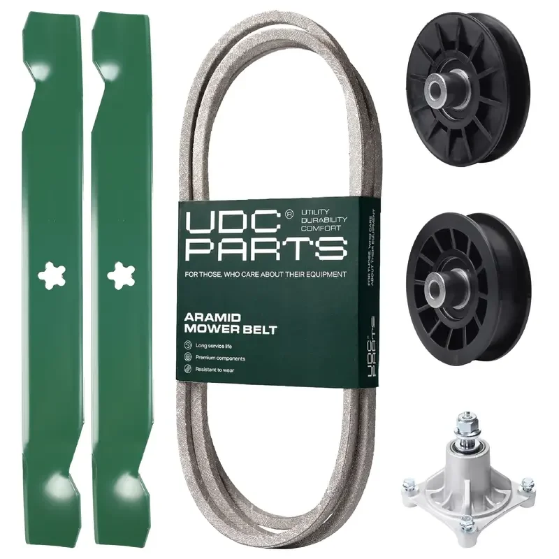 UDC Parts Mower Kit / Belt 194346 + Pulley 532194326 + Pulley 532194327 + Spindle 532174356 + 2 Pack Blades 138497 / Fits Husqvarna LT1597