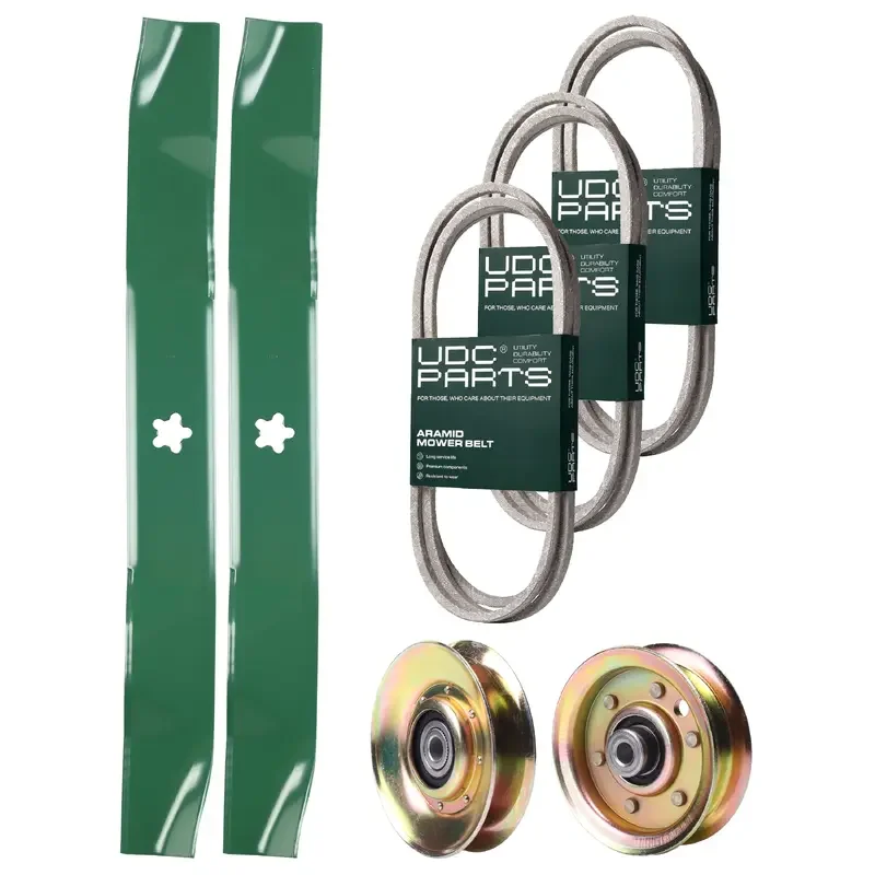 UDC Parts Mower Kit / Belt 138255 + Belt 144200 + Belt 144959 + Pulley 127783 + Pulley 173437 + 2 Pack Blades 134149 / Fits Husqvarna YT150