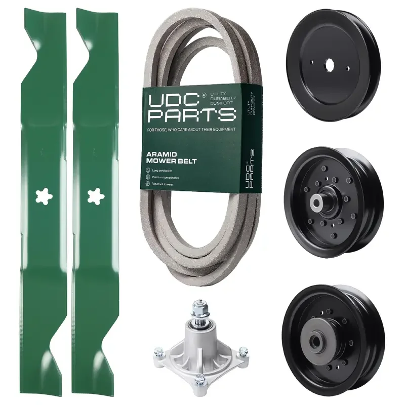 UDC Parts Mower Kit / Belt 539117245 + Pulley 129861 + Pulley 532196106 + Pulley 532196104 + Spindle 532174356 + 2 Pack Blades 405380 / Fits Husqvarna LSZ4622 LSZ5422 LSZ5424