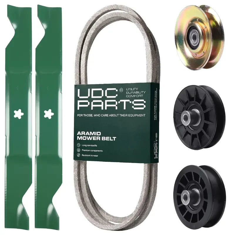 UDC Parts Mower Kit / Belt 138255 + Pulley 127783 + Pulley 532194326 + Pulley 532194327 + 2 Pack Blades 405380 / Fits Husqvarna LT1597