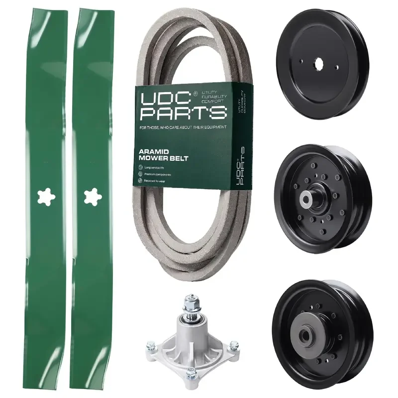 UDC Parts Mower Kit / Belt 539114557 + Pulley 129861 + Pulley 532196106 + Pulley 532196104 + Spindle 532174356 + 2 Pack Blades 134149 / Fits Husqvarna RZ4619 RZ4620 RZ5422 RZ5424