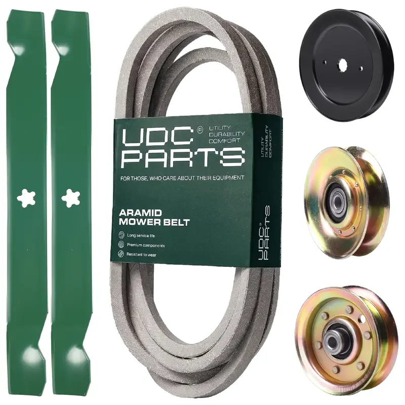 UDC Parts Mower Kit / Belt 539109243 + Pulley 127783 + Pulley 129861 + Pulley 173437 + 2 Pack Blades 138971 / Fits Husqvarna LTH1542