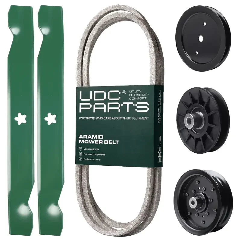 UDC Parts Mower Kit / Belt 197253 + Pulley 195945 + Pulley 532194326 + Pulley 532196106 + 2 Pack Blades 138497 / Fits Jonsered LT2216 LT2216A2 LT2217A