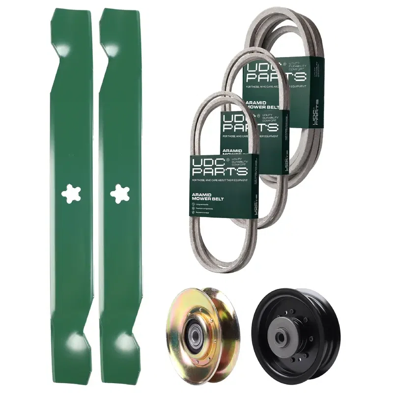 UDC Parts Mower Kit / Belt 138255 + Belt 194346 + Belt 539117245 + Pulley 127783 + Pulley 532196104 + 2 Pack Blades 138497 / Fits Husqvarna LT1597