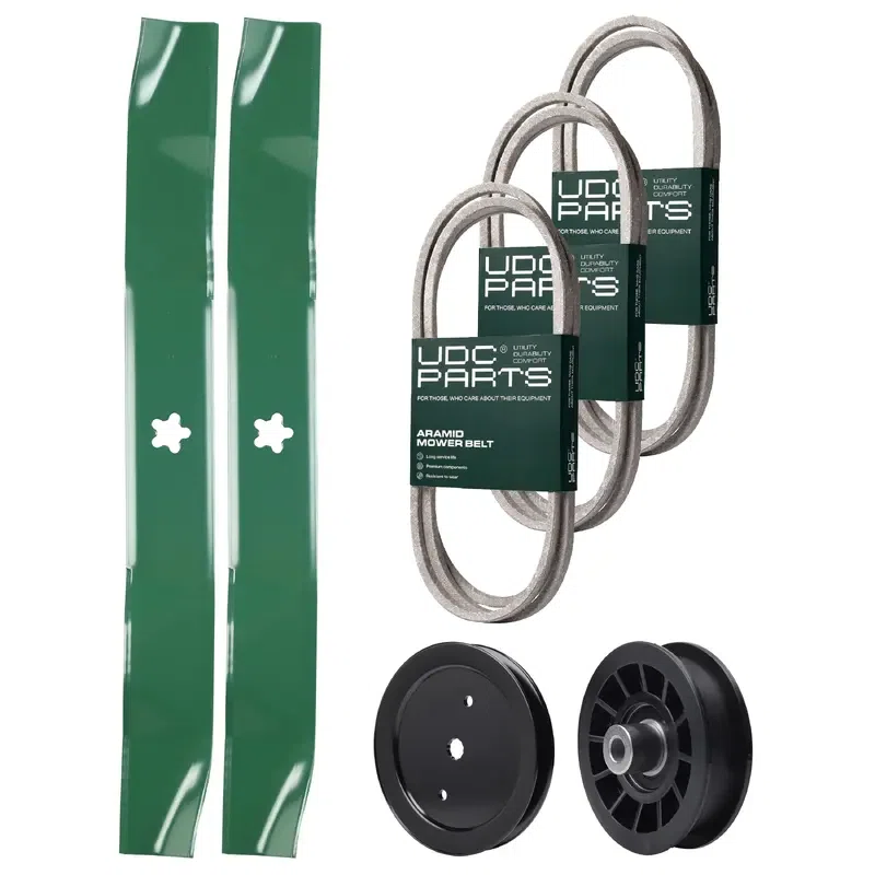 UDC Parts Mower Kit / Belt 130969 + Belt 138255 + Belt 140218 + Pulley 195945 + Pulley 532194327 + 2 Pack Blades 134149 / Fits Jonsered LT2217A