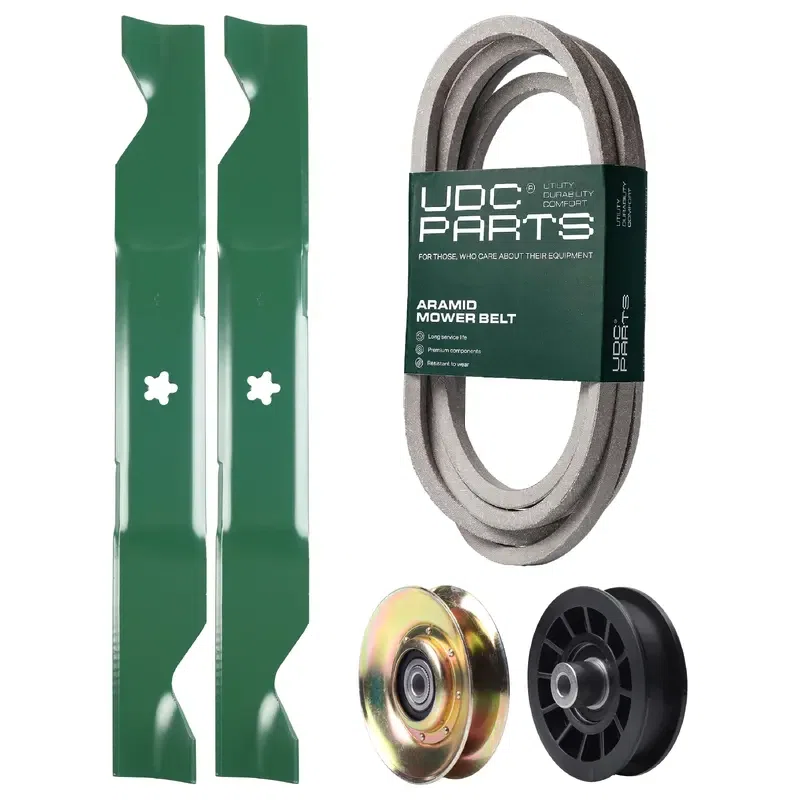 UDC Parts Mower Kit / Belt 539117245 + Pulley 127783 + Pulley 532194327 + 2 Pack Blades 405380 / Fits Husqvarna LT1597