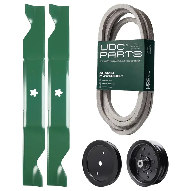 UDC Parts Mower Kit / Belt 197242 + Pulley 195945 + Pulley 532196106 + 2 Pack Blades 405380 / Fits Jonsered LT2223A2 LT2320A2