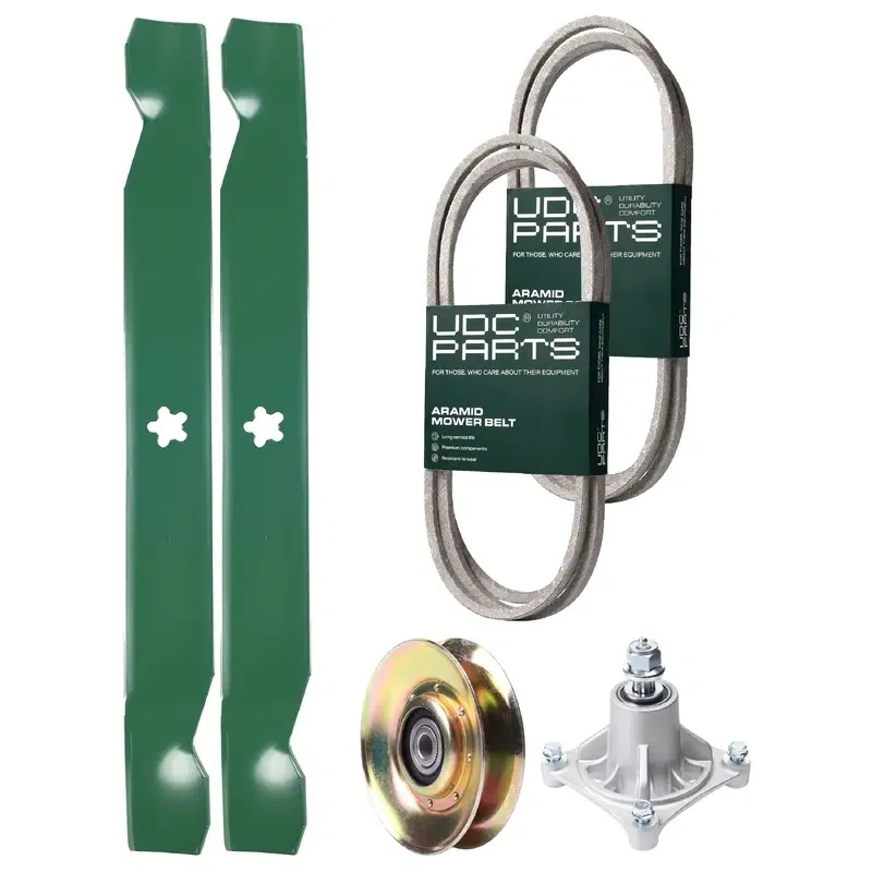 UDC Parts Mower Kit / Belt 174368 + Belt 180808 + Pulley 127783 + Spindle 532174356 + 2 Pack Blades 138971 / Fits Jonsered LT2122A2
