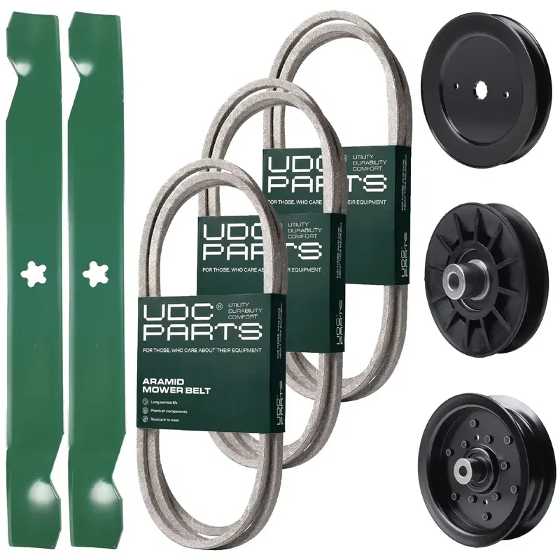 UDC Parts Mower Kit / Belt 130969 + Belt 140218 + Belt 144959 + Pulley 129861 + Pulley 532194326 + Pulley 532196106 + 2 Pack Blades 138971 / Fits Jonsered LT2218A2