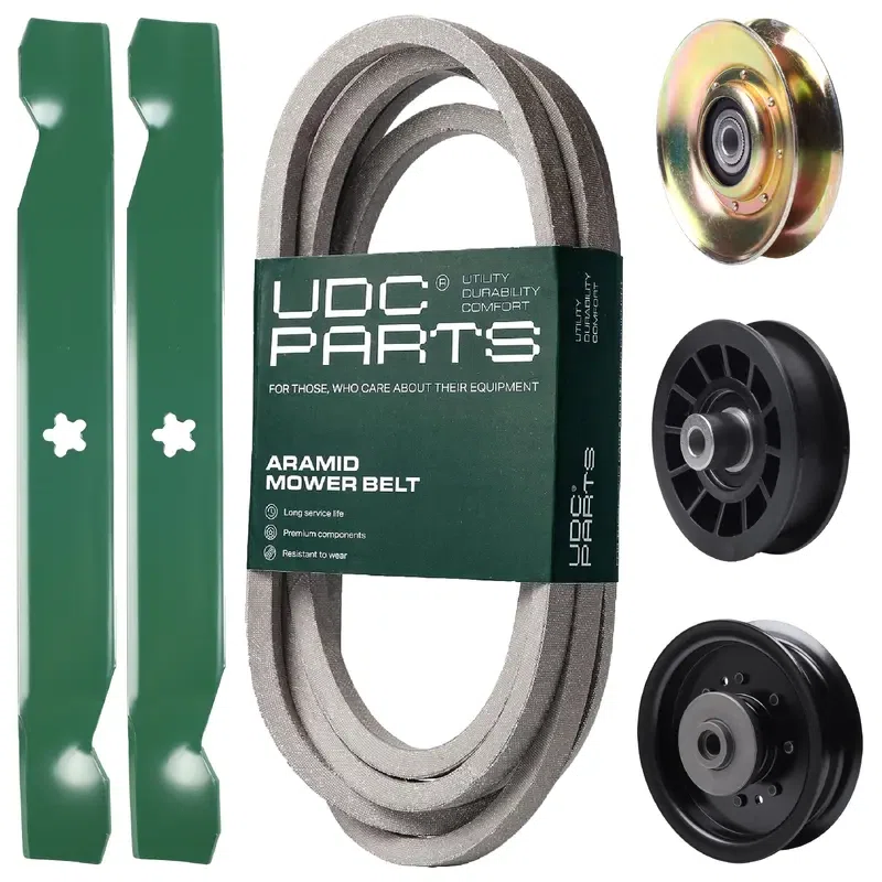 UDC Parts Mower Kit / Belt 539117245 + Pulley 127783 + Pulley 532194327 + Pulley 532196104 + 2 Pack Blades 138497 / Fits Husqvarna LT1597
