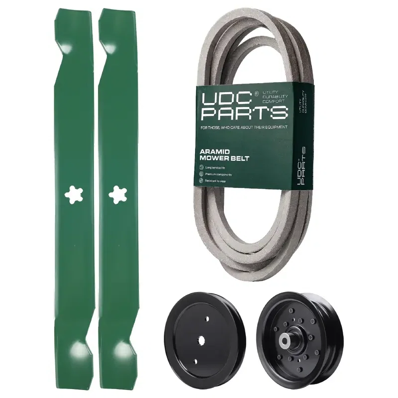UDC Parts Mower Kit / Belt 539117245 + Pulley 195945 + Pulley 532196106 + 2 Pack Blades 138971 / Fits Husqvarna RZ4219