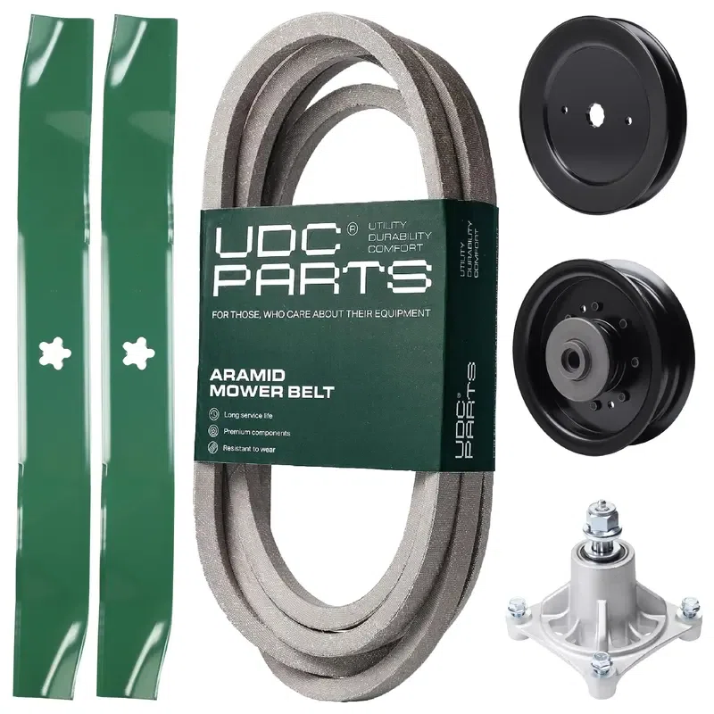 UDC Parts Mower Kit / Belt 539117245 + Pulley 129861 + Pulley 532196104 + Spindle 532174356 + 2 Pack Blades 134149 / Fits Husqvarna RZ4619 RZ4620 RZ5422 RZ5424