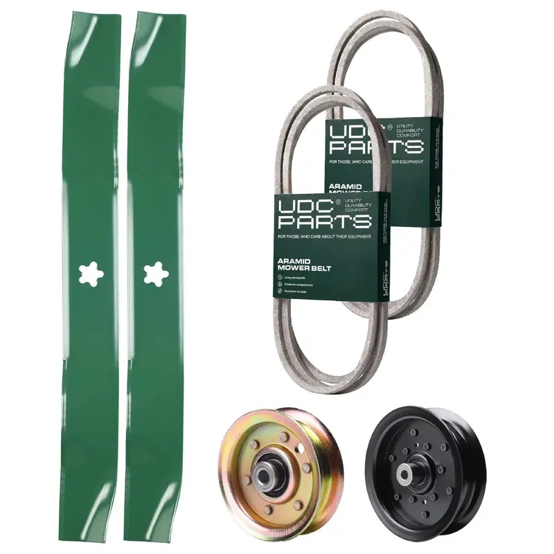 UDC Parts Mower Kit / Belt 140218 + Belt 144959 + Pulley 532196106 + Pulley 173437 + 2 Pack Blades 134149 / Fits Husqvarna YTH2042 XP