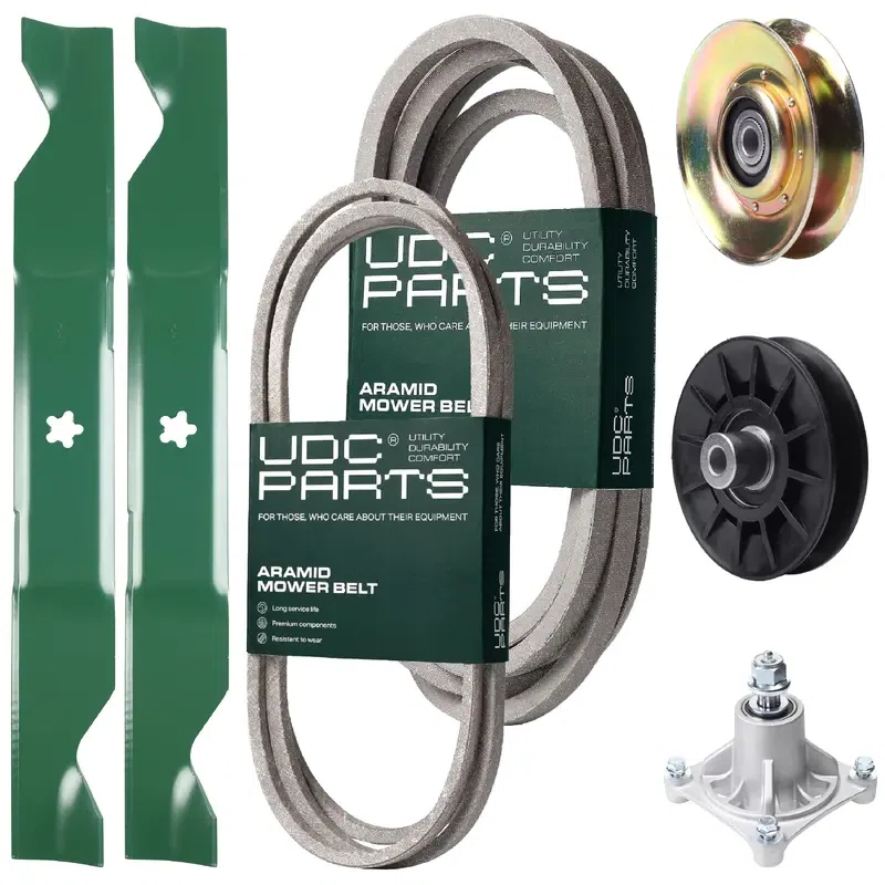 UDC Parts Mower Kit / Belt 194346 + Belt 539117245 + Pulley 127783 + Pulley 532194326 + Spindle 532174356 + 2 Pack Blades 405380 / Fits Husqvarna LT1597