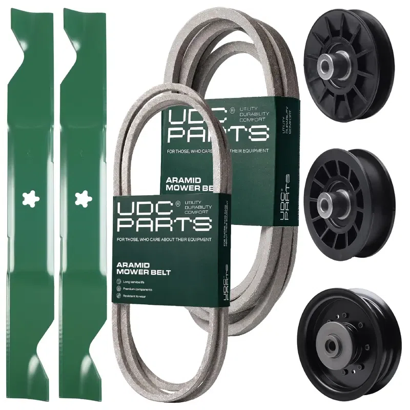 UDC Parts Mower Kit / Belt 140218 + Belt 197242 + Pulley 532194326 + Pulley 532196104 + Pulley 532194327 + 2 Pack Blades 405380 / Fits Husqvarna YTH220 Twin