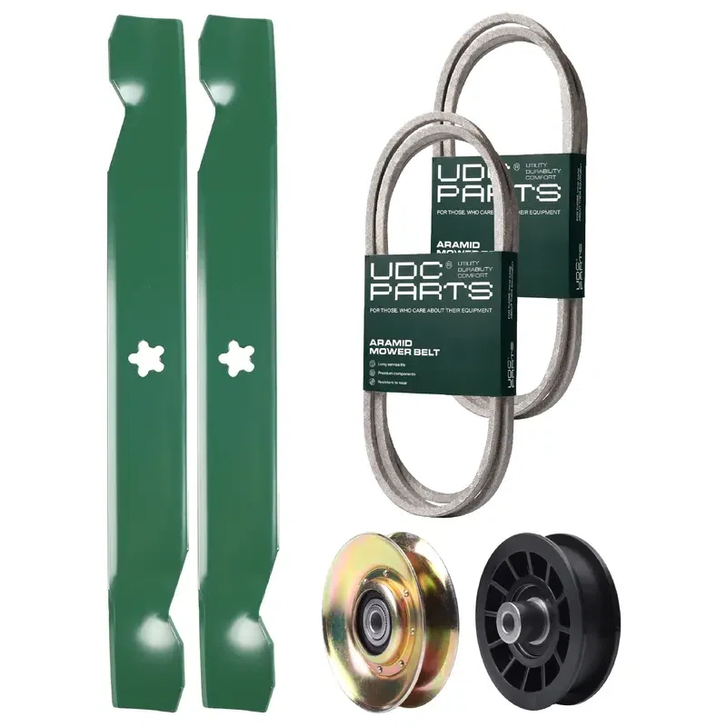 UDC Parts Mower Kit / Belt 138255 + Belt 140218 + Pulley 127783 + Pulley 532194327 + 2 Pack Blades 138497 / Fits Husqvarna LTH151