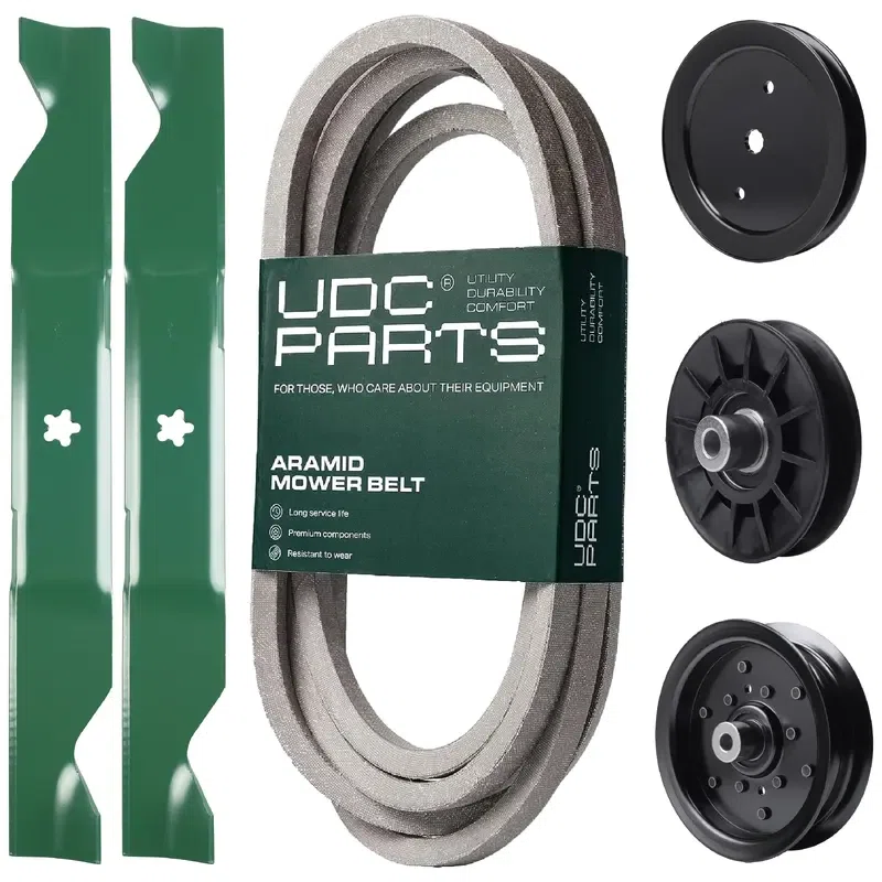 UDC Parts Mower Kit / Belt 197242 + Pulley 195945 + Pulley 532194326 + Pulley 532196106 + 2 Pack Blades 405380 / Fits Jonsered LT2223A2 LT2320A2