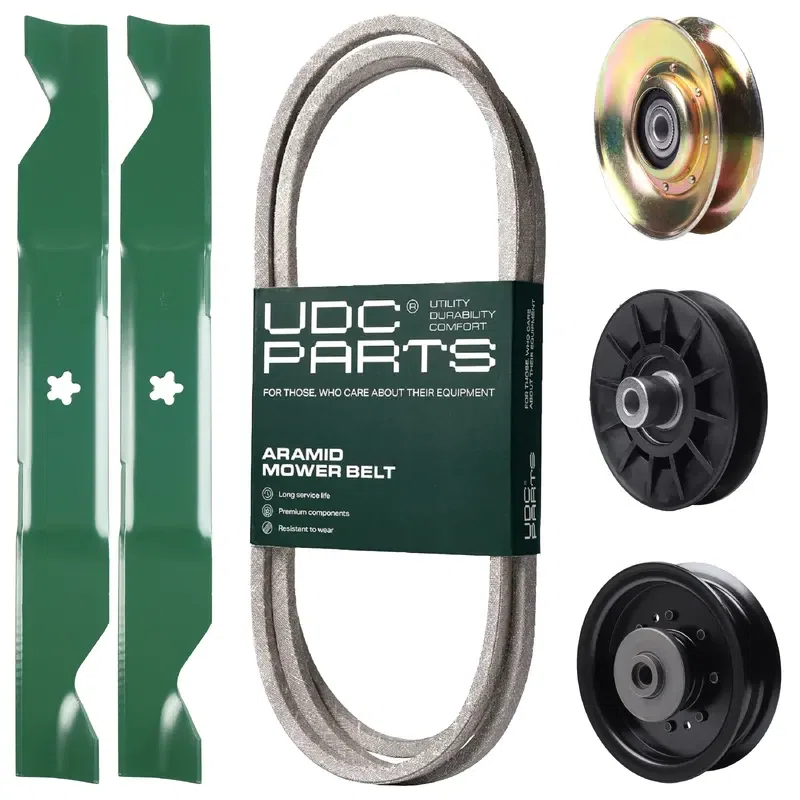 UDC Parts Mower Kit / Belt 194346 + Pulley 127783 + Pulley 532194326 + Pulley 532196104 + 2 Pack Blades 405380 / Fits Husqvarna LT1597