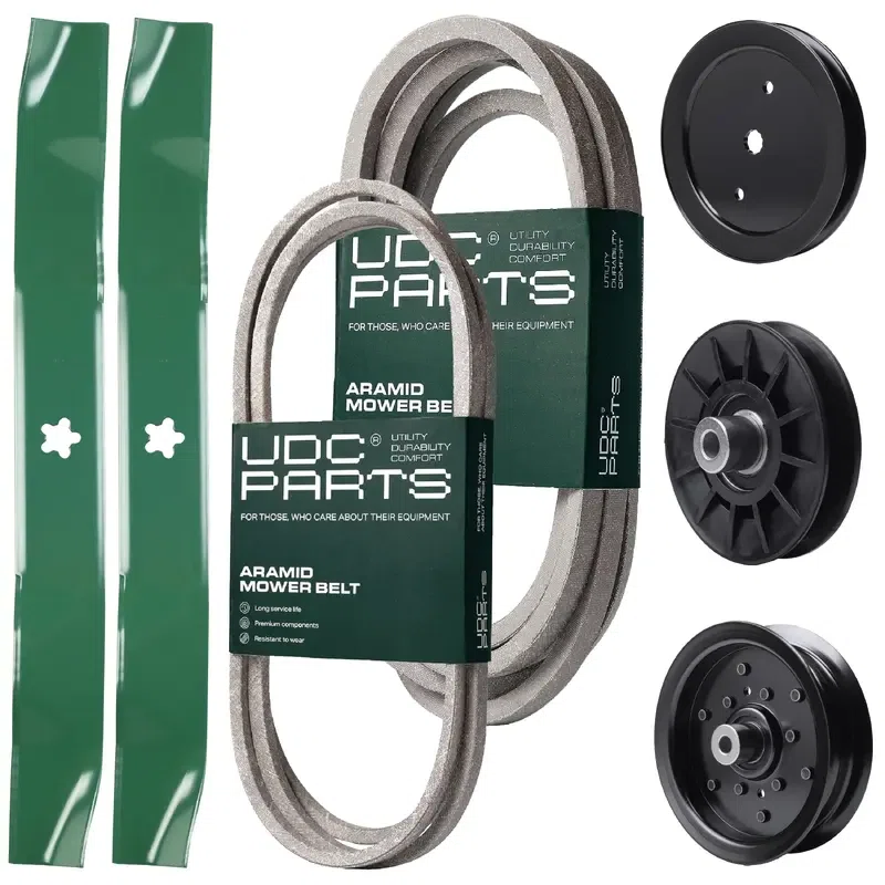 UDC Parts Mower Kit / Belt 197242 + Belt 197253 + Pulley 195945 + Pulley 532194326 + Pulley 532196106 + 2 Pack Blades 134149 / Fits Jonsered LT2223A2