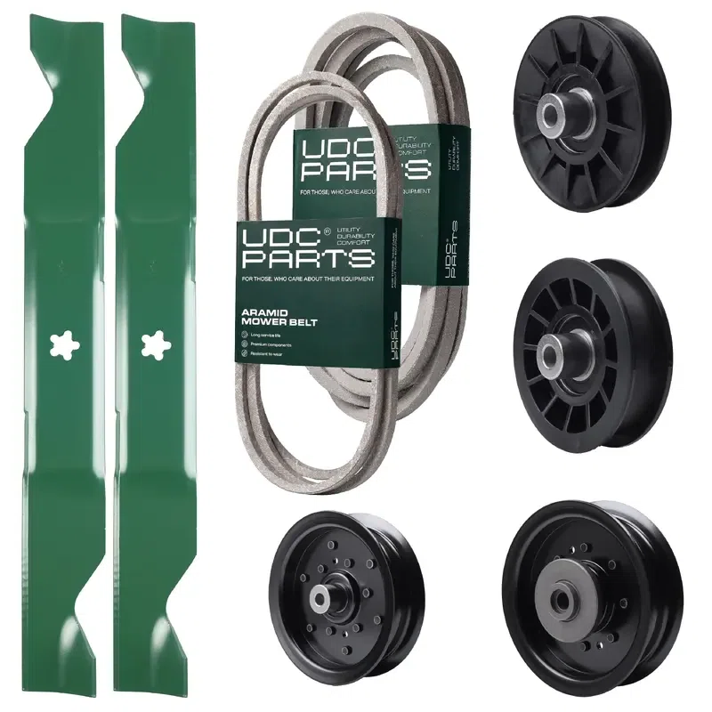 UDC Parts Mower Kit / Belt 130969 + Belt 197242 + Pulley 532194326 + Pulley 532196104 + Pulley 532196106 + Pulley 532194327 + 2 Pack Blades 405380 / Fits Husqvarna YTH220 Twin