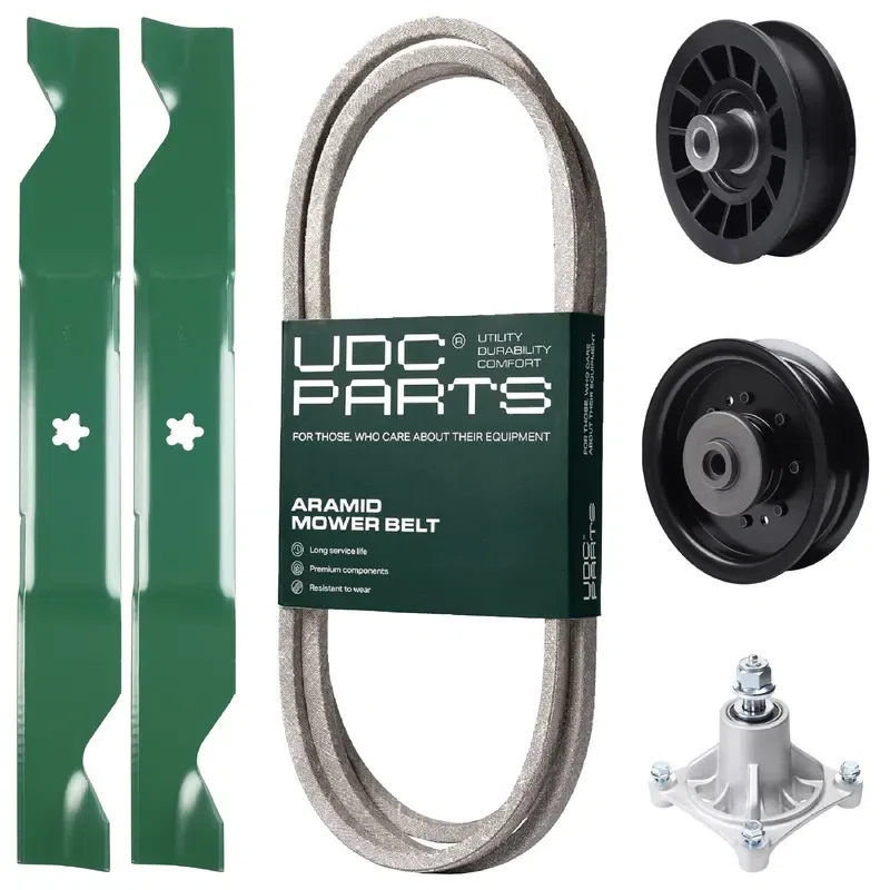 UDC Parts Mower Kit / Belt 194346 + Pulley 532194327 + Pulley 532196104 + Spindle 532174356 + 2 Pack Blades 405380 / Fits Husqvarna LT1597