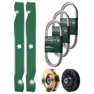 UDC Parts Mower Kit / Belt 130969 + Belt 138255 + Belt 140218 + Pulley 127783 + Pulley 532194326 + 2 Pack Blades 138497 / Fits Husqvarna LTH151