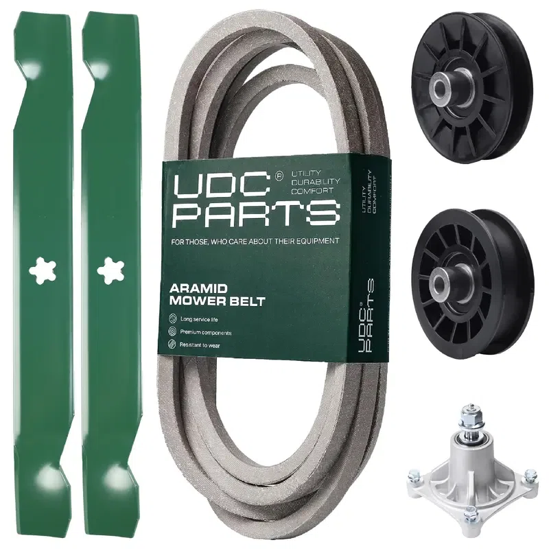 UDC Parts Mower Kit / Belt 539117245 + Pulley 532194326 + Pulley 532194327 + Spindle 532174356 + 2 Pack Blades 138497 / Fits Husqvarna LT1597