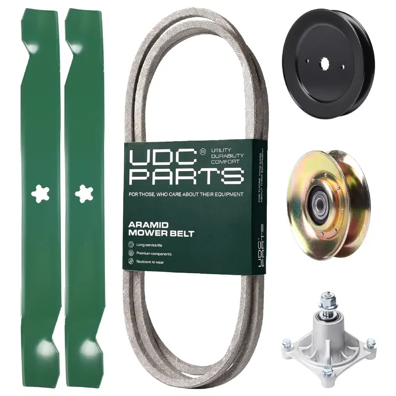 UDC Parts Mower Kit / Belt 174368 + Pulley 127783 + Pulley 129861 + Spindle 532174356 + 2 Pack Blades 138971 / Fits Jonsered LT2122A2