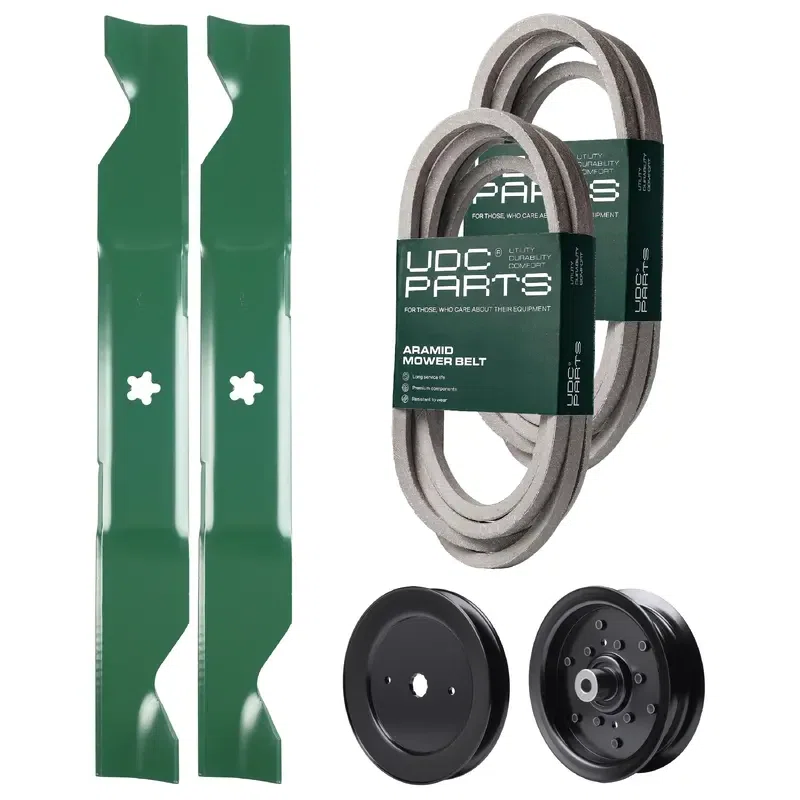 UDC Parts Mower Kit / Belt 539114557 + Belt 539117245 + Pulley 129861 + Pulley 532196106 + 2 Pack Blades 405380 / Fits Husqvarna LSZ4622 LSZ5422 LSZ5424 RZ4219