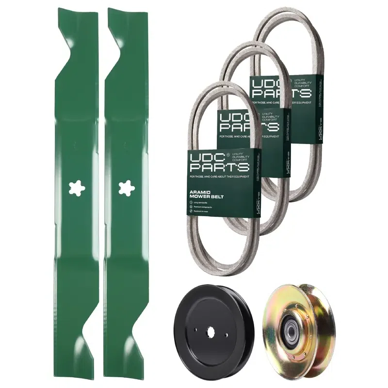 UDC Parts Mower Kit / Belt 130969 + Belt 140294 + Belt 405143 + Pulley 127783 + Pulley 129861 + 2 Pack Blades 405380 / Fits Husqvarna YTH200