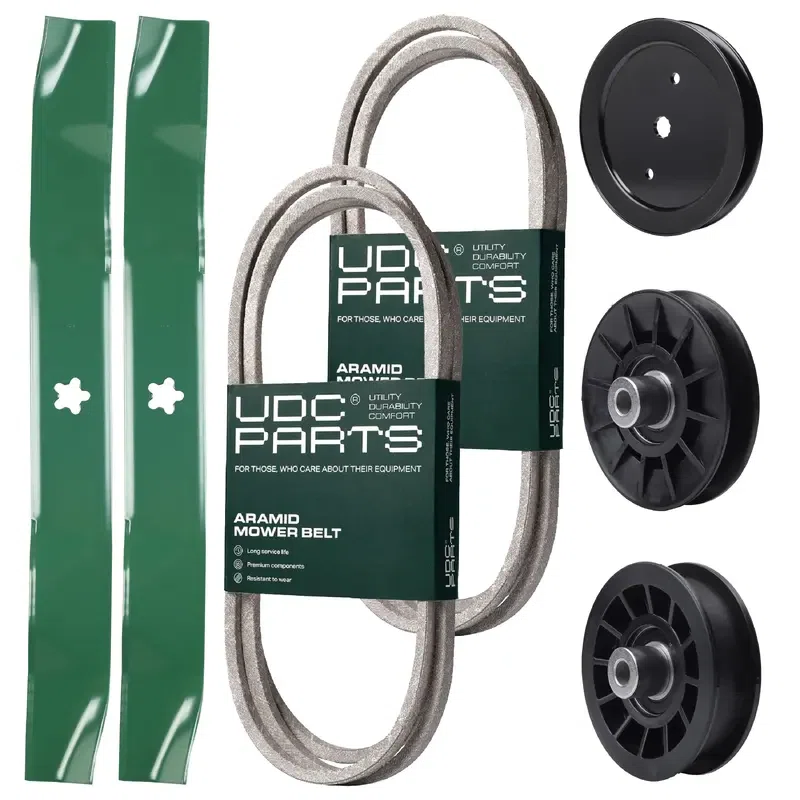 UDC Parts Mower Kit / Belt 130969 + Belt 138255 + Pulley 195945 + Pulley 532194326 + Pulley 532194327 + 2 Pack Blades 134149 / Fits Jonsered LT2217A