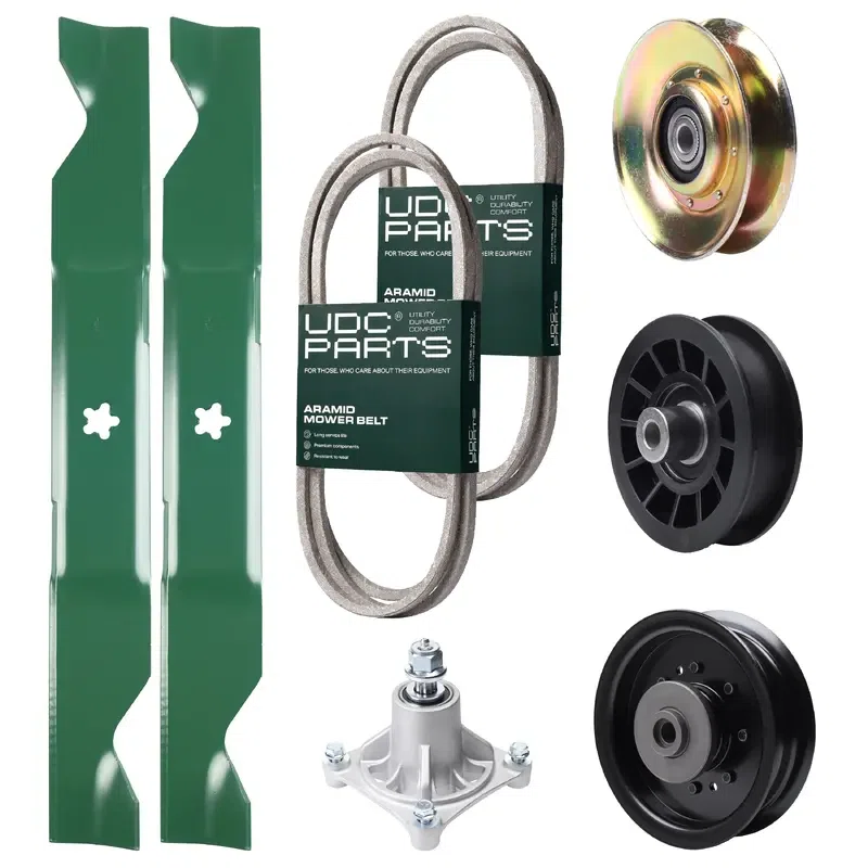 UDC Parts Mower Kit / Belt 138255 + Belt 194346 + Pulley 127783 + Pulley 532194327 + Pulley 532196104 + Spindle 532174356 + 2 Pack Blades 405380 / Fits Husqvarna LT1597