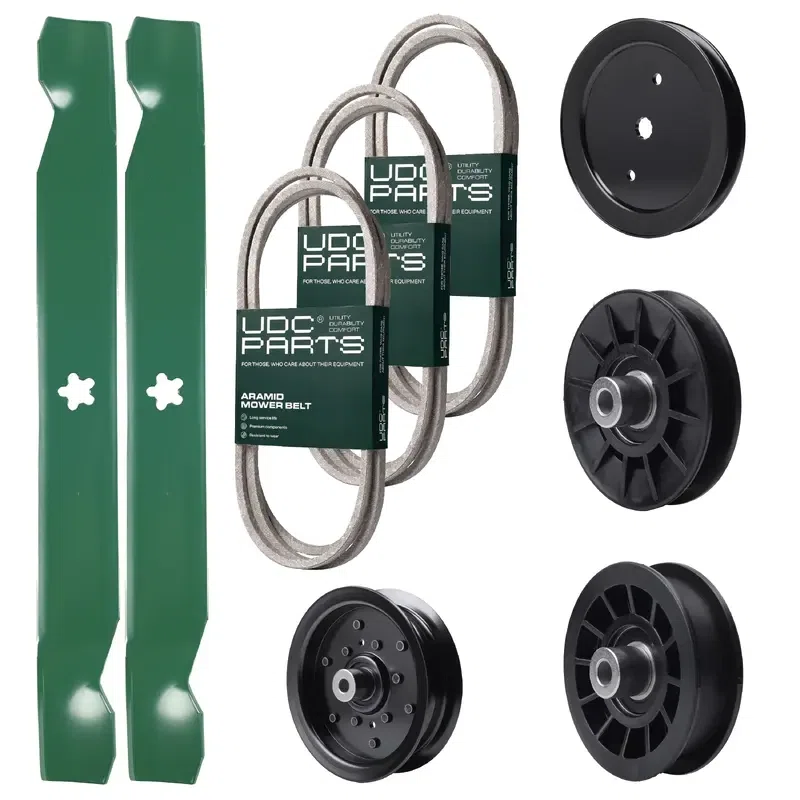 UDC Parts Mower Kit / Belt 130969 + Belt 138255 + Belt 140218 + Pulley 195945 + Pulley 532194326 + Pulley 532196106 + Pulley 532194327 + 2 Pack Blades 138971 / Fits Jonsered LT2217A