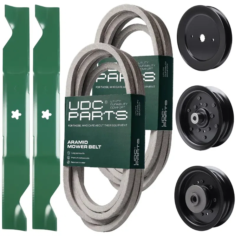 UDC Parts Mower Kit / Belt 539114557 + Belt 539117245 + Pulley 129861 + Pulley 532196106 + Pulley 532196104 + 2 Pack Blades 405380 / Fits Husqvarna LSZ4622 LSZ5422 LSZ5424