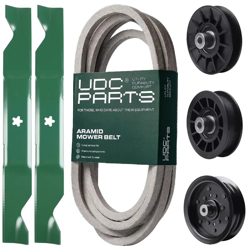UDC Parts Mower Kit / Belt 197242 + Pulley 532194326 + Pulley 532196106 + Pulley 532194327 + 2 Pack Blades 405380 / Fits Jonsered LT2320A2