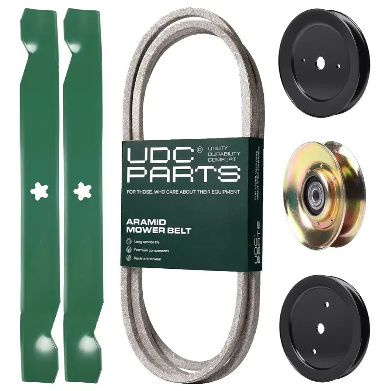 UDC Parts Mower Kit / Belt 174883 + Pulley 127783 + Pulley 129861 + Pulley 195945 + 2 Pack Blades 138971 / Fits Husqvarna YTH1842