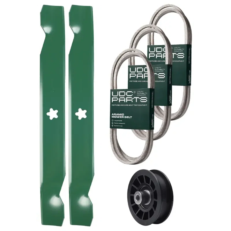 UDC Parts Mower Kit / Belt 130969 + Belt 138255 + Belt 140218 + Pulley 532194327 + 2 Pack Blades 138497 / Fits Husqvarna LTH151