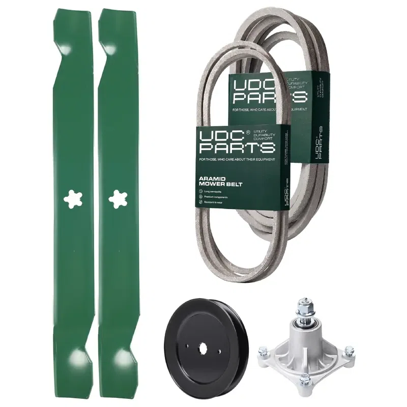UDC Parts Mower Kit / Belt 140294 + Belt 539109243 + Pulley 129861 + Spindle 532174356 + 2 Pack Blades 138971 / Fits Husqvarna LTH1542