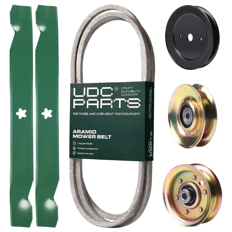 UDC Parts Mower Kit / Belt 138255 + Pulley 127783 + Pulley 129861 + Pulley 532173437 + 2 Pack Blades 138971 / Fits Weed Eater WET1742STA WET2242STB WET2242STC WET2242STD
