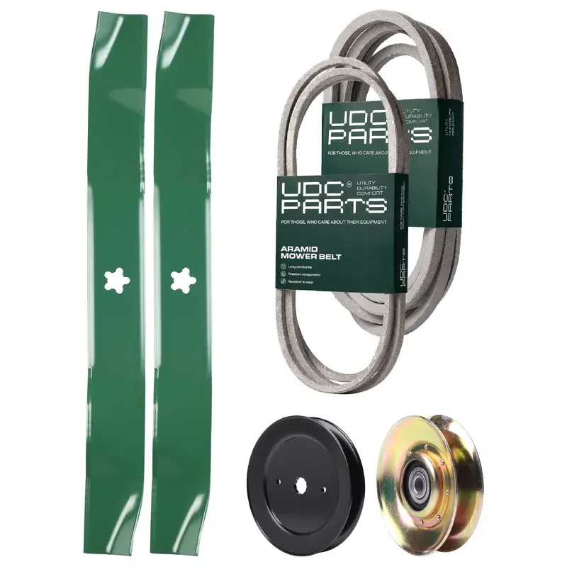 UDC Parts Mower Kit / Belt 140294 + Belt 539109243 + Pulley 127783 + Pulley 129861 + 2 Pack Blades 134149 / Fits Husqvarna LTH1542