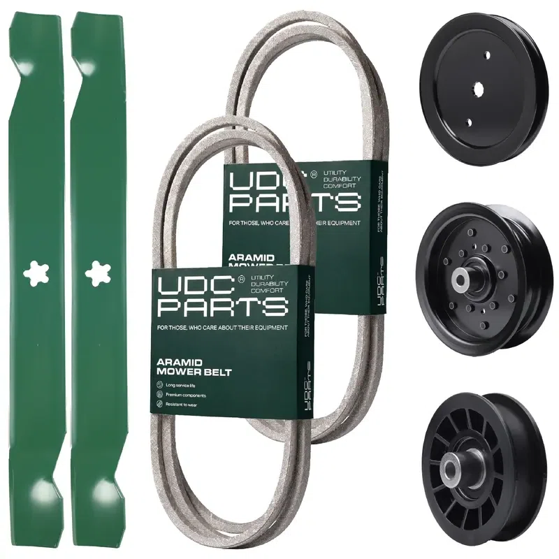 UDC Parts Mower Kit / Belt 130969 + Belt 138255 + Pulley 195945 + Pulley 532196106 + Pulley 532194327 + 2 Pack Blades 138971 / Fits Jonsered LT2217A
