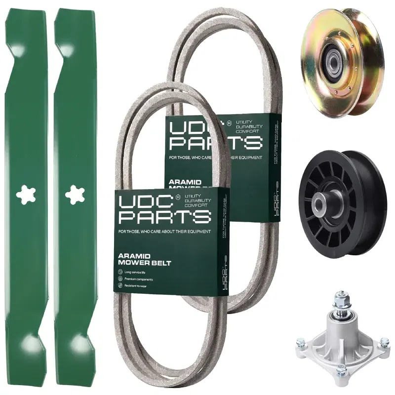 UDC Parts Mower Kit / Belt 138255 + Belt 194346 + Pulley 127783 + Pulley 532194327 + Spindle 532174356 + 2 Pack Blades 138497 / Fits Husqvarna LT1597