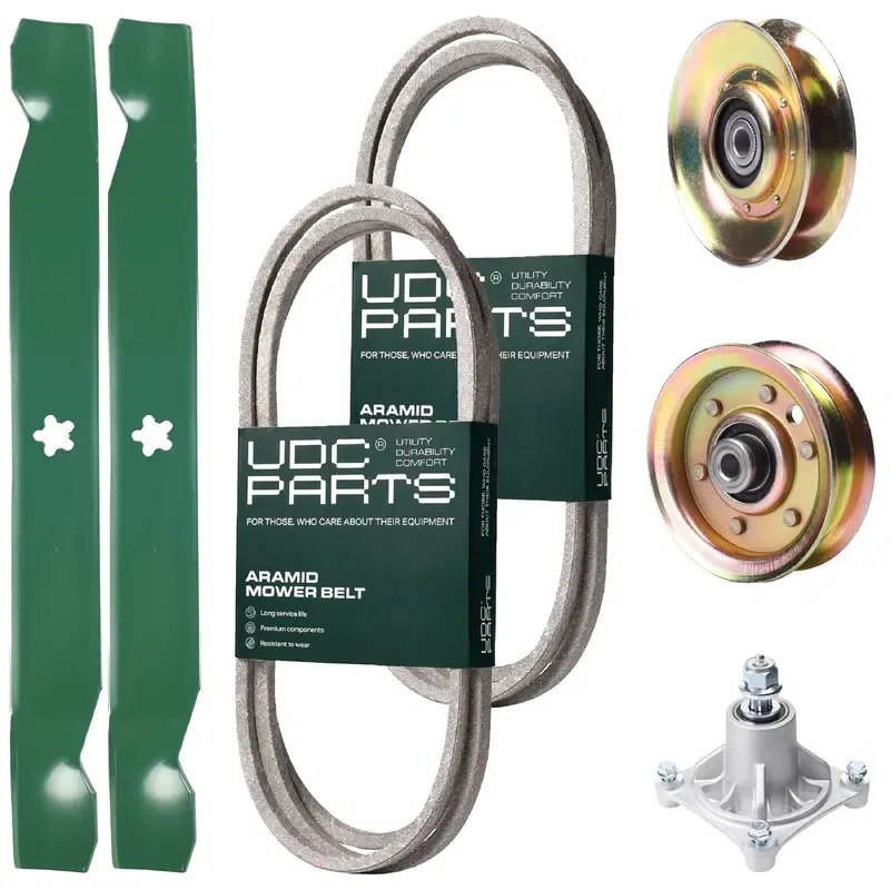 UDC Parts Mower Kit / Belt 140294 + Belt 180808 + Pulley 127783 + Pulley 173437 + Spindle 532174356 + 2 Pack Blades 138971 / Fits Jonsered LT2122A2
