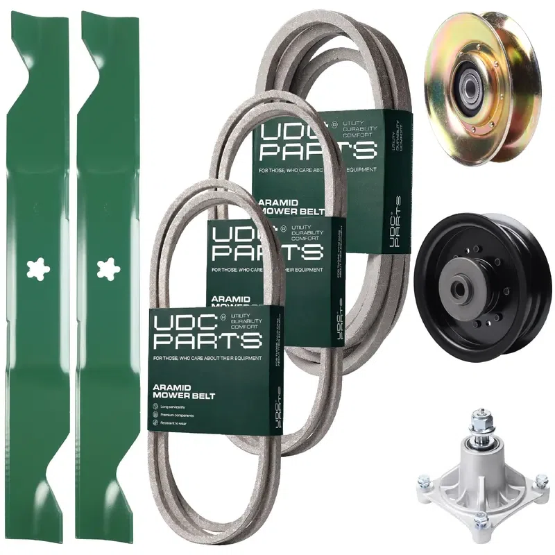 UDC Parts Mower Kit / Belt 138255 + Belt 194346 + Belt 539117245 + Pulley 127783 + Pulley 532196104 + Spindle 532174356 + 2 Pack Blades 405380 / Fits Husqvarna LT1597