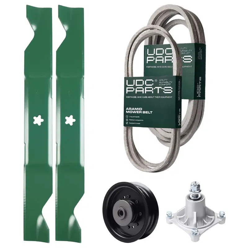 UDC Parts Mower Kit / Belt 138255 + Belt 539117245 + Pulley 532196104 + Spindle 532174356 + 2 Pack Blades 405380 / Fits Husqvarna LT1597
