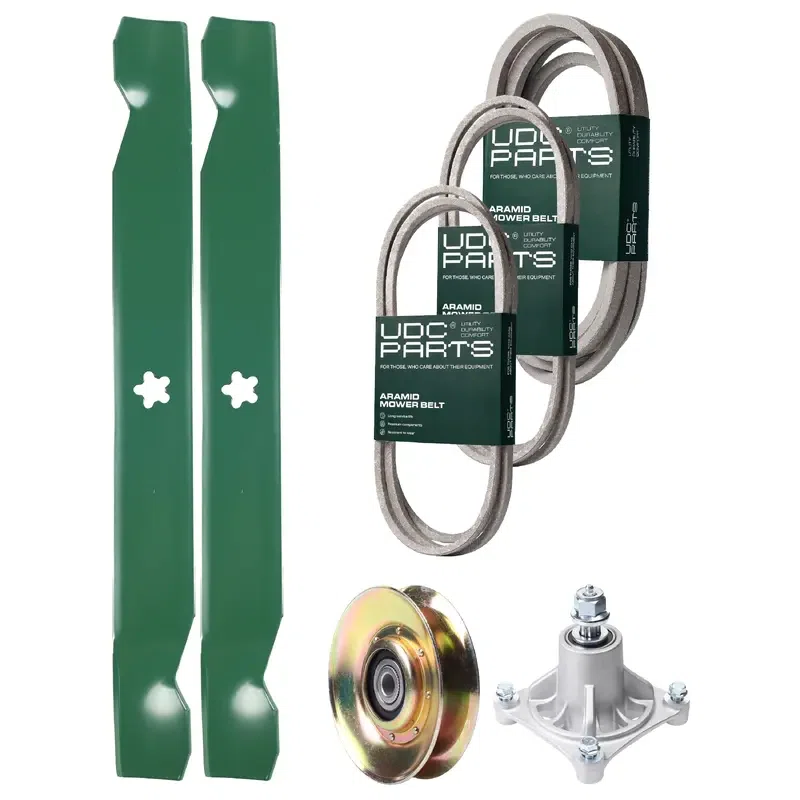 UDC Parts Mower Kit / Belt 140294 + Belt 174883 + Belt 539109243 + Pulley 127783 + Spindle 532174356 + 2 Pack Blades 138971 / Fits Husqvarna LTH1542