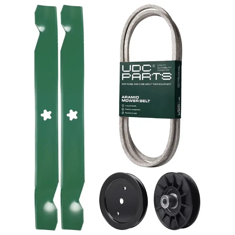 UDC Parts Mower Kit / Belt 140218 + Pulley 195945 + Pulley 532194326 + 2 Pack Blades 138971 / Fits Poulan Pro PB195H42LT PB19H42YT PB20H42YT PB22H42YT PB22TH42YT XT19H42YT XT22H42YT